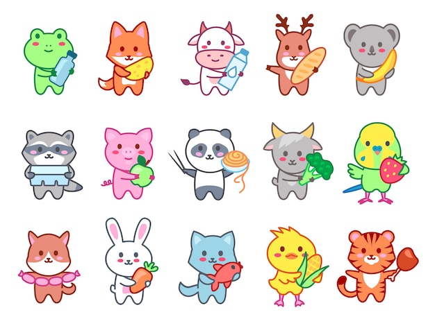 Los animales kawaii tienen comida Lindo personaje de zoológico con sabrosos productos alimenticios mascota animal para alimentos vector Conjunto de ilustración
