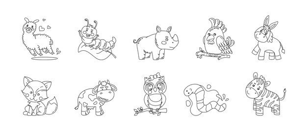 Animales lindo divertido conjunto de dibujos Vector ilustración en blanco y negro aislado en un blanco