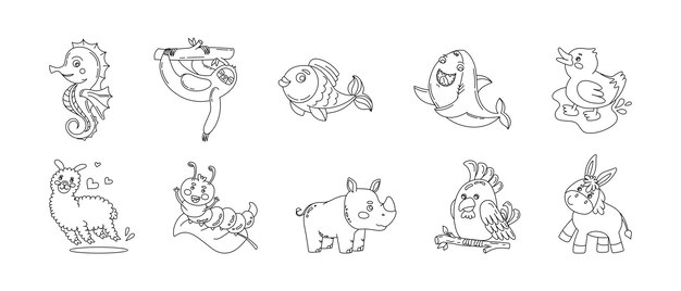 Animales lindo divertido conjunto de dibujos Vector ilustración en blanco y negro aislado en un blanco