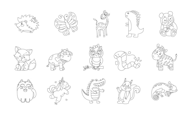 Animales lindo divertido conjunto de dibujos Vector ilustración en blanco y negro aislado en un blanco
