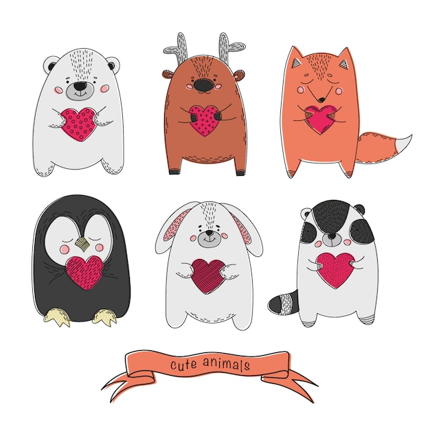 Animales lindo valentines cartoon vector ilustración conjunto