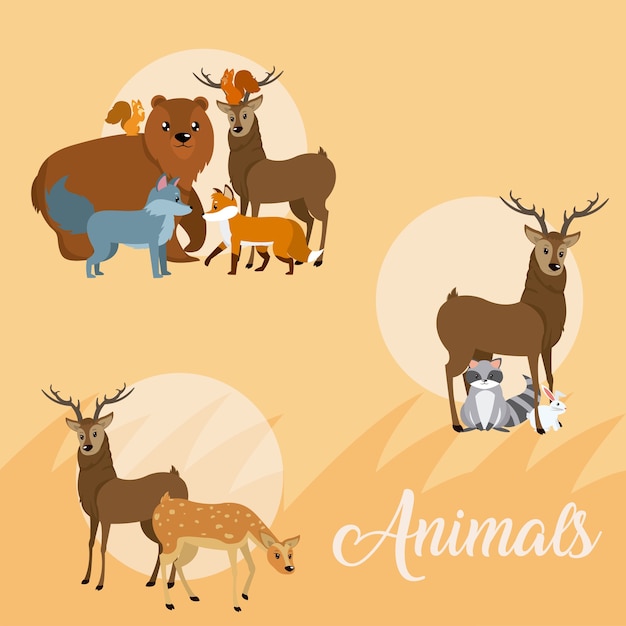 Animales lindos alrededor de dibujos animados de iconos