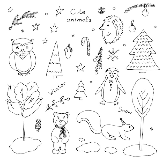 Animales lindos en el bosque vectorial de navidad ilustración de dibujo a mano