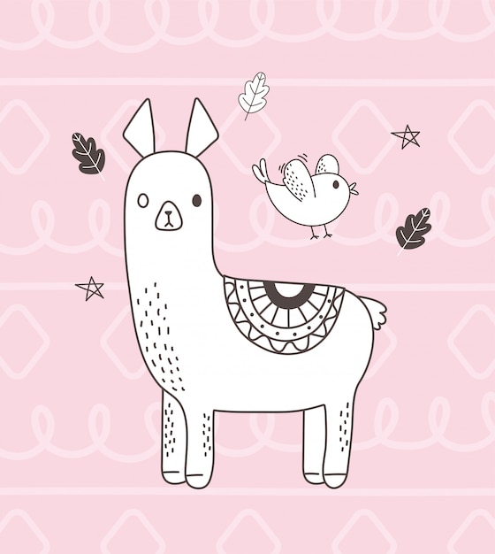 Animales lindos bosquejo dibujos animados adorable alpaca pájaro follaje hojas