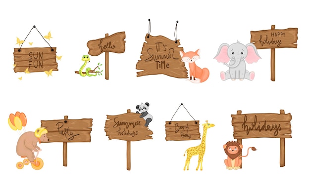 Con animales lindos cerca del letrero de madera con las inscripciones sobre el tema del verano en el vector. Ilustración de dibujos animados.