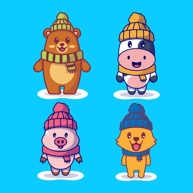 Animales lindos en conjunto de ilustración de vector de invierno