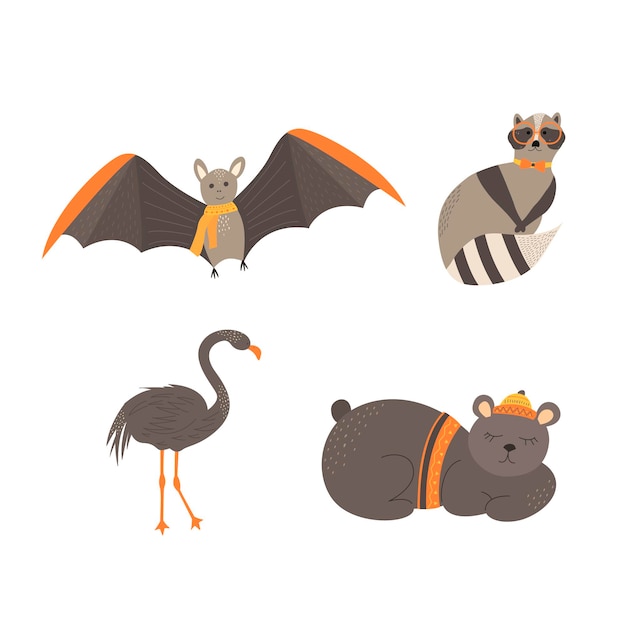 Animales lindos en estilo escandinavo. Ilustración de vector de dibujo a mano.