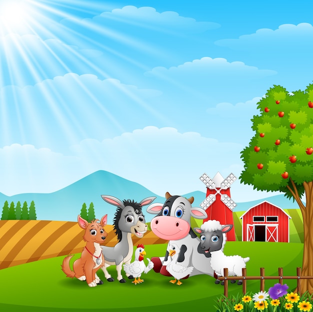 Animales lindos en el fondo de la granja