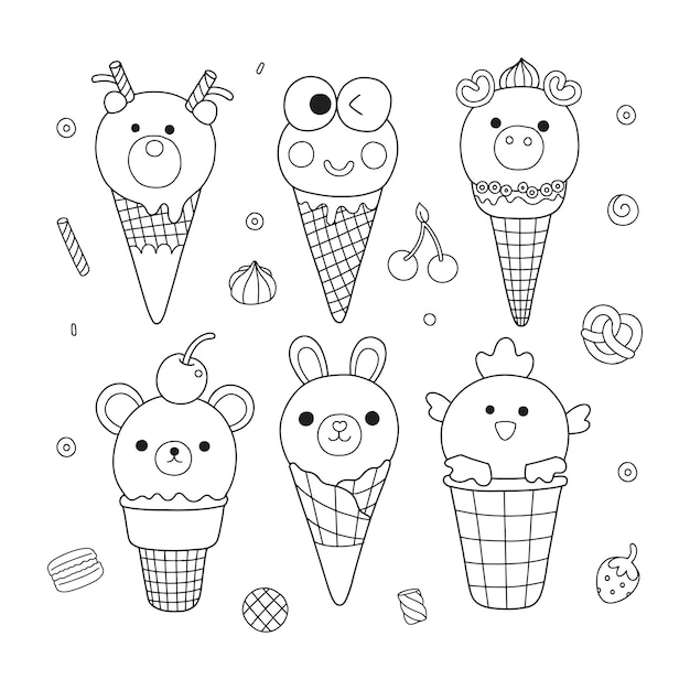 Animales lindos helados y postres para colorear ilustración de la página