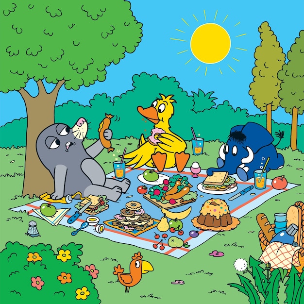 Animales lindos en una ilustración de picnic con diseño de paisaje de fondo de naturaleza