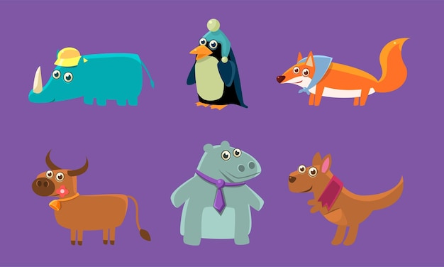 Animales lindos en juego Rinoceronte pingüino zorro ciervo hipopótamo canguro Ilustración vectorial en fondo púrpura