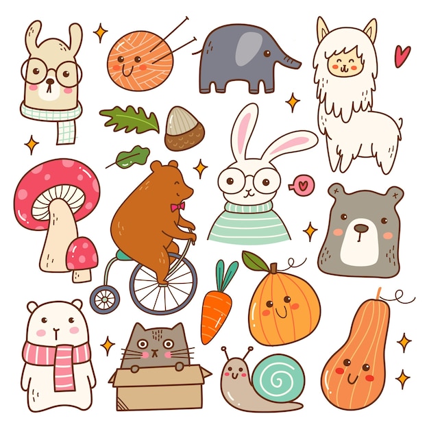 Animales lindos kawaii doodle conjunto ilustración vectorial