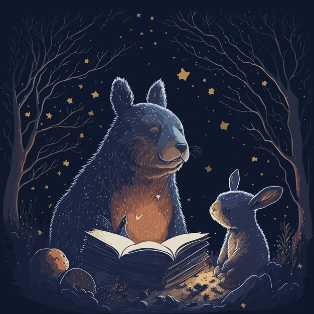 Animales lindos leen un libro de cuentos por la noche bajo las estrellas