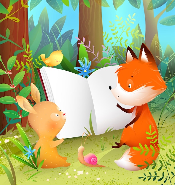 Vector animales lindos leyendo un libro de cuentos en el bosque