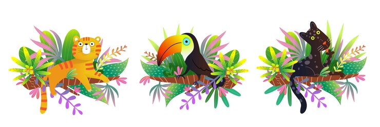 Vector animales lindos en la naturaleza tropical colección de cliparts