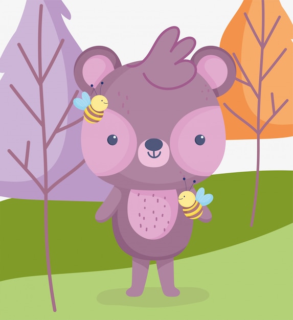 Animales lindos oso con abejas bosque árboles prado cartoon
