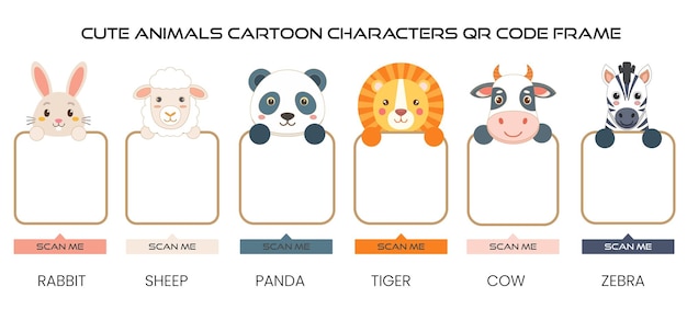 Animales lindos personajes de dibujos animados Código Qr Diseño de marcos Ilustración vectorial