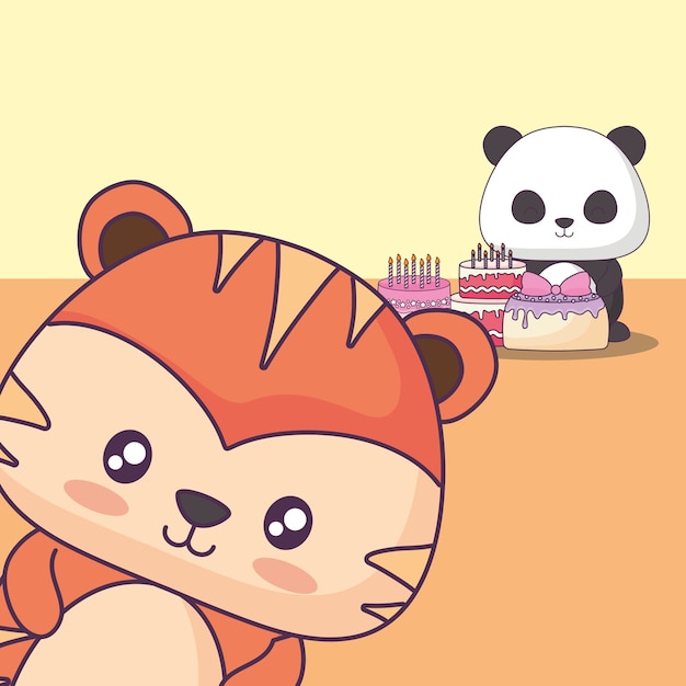 Vector animales lindos que celebran personajes kawaii de fiesta