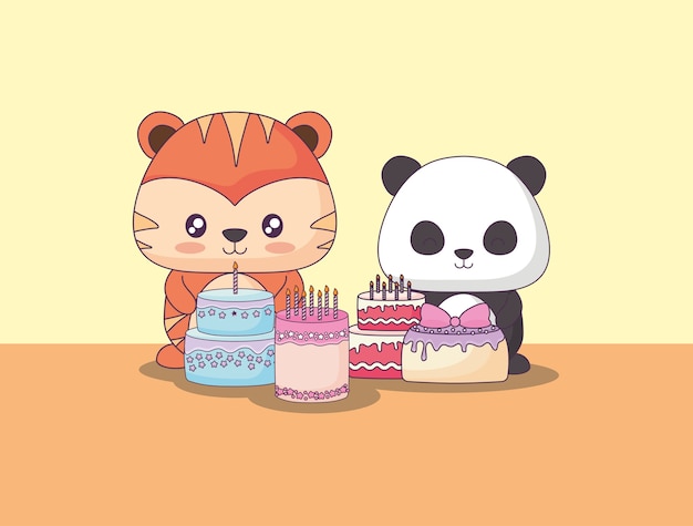 Animales lindos que celebran personajes kawaii de fiesta