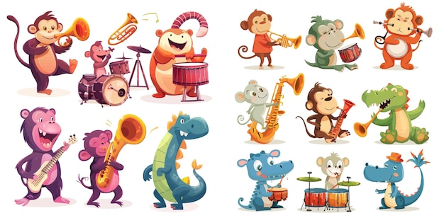 Vector animales lindos tocando instrumentos musicales