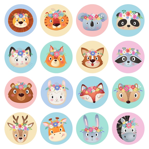 Animales lindos de verano y primavera con la cabeza en un círculo colección de coronas de flores en fondo blanco