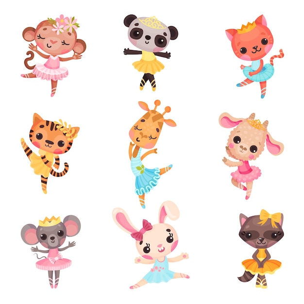 Animales lindos con vestidos de bailarina danzando Conjunto de ilustraciones vectoriales