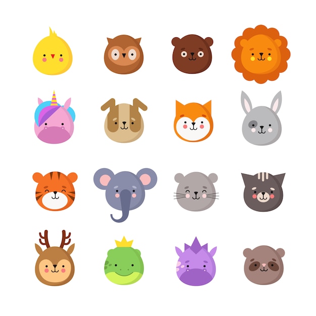 Animales manga sonríe. cute kawaii bebé animal emoticones. dragón unicornio, tigre elefante, león y búho. conjunto aislado avatares divertidos