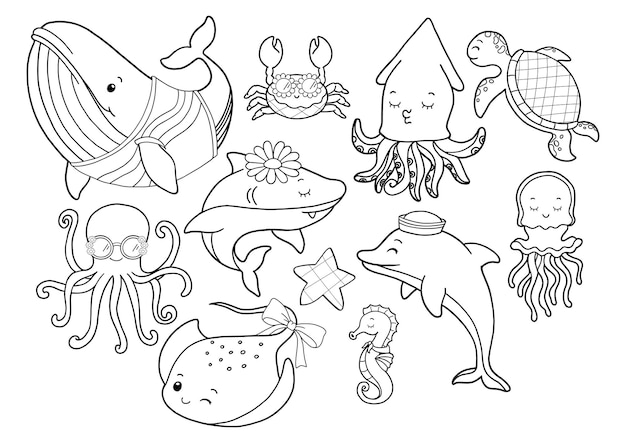 Animales marinos de aguas profundas Vector pulpo calamar ballena rayas caballito de mar medusa delfín tortuga tiburón