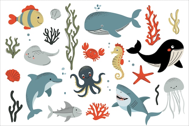 Animales marinos y algas Habitantes acuáticos Peces cangrejo pulpo tiburón dibujos animados planos vida marina submarina