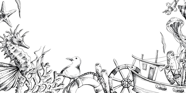 Animales marinos con un barco de pesca, un volante y una boya de vida Ilustración de gráficos vectoriales dibujados a mano en formato EPS Marco de plantilla sobre un fondo blanco