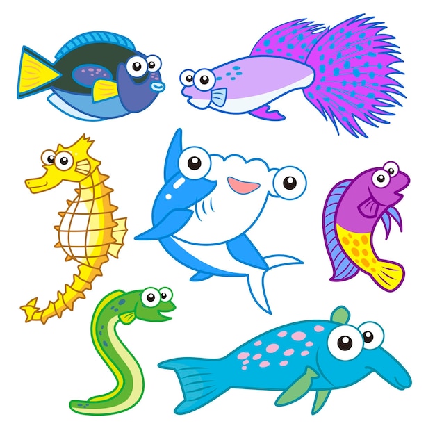 animales marinos de dibujos animados con fondo blanco
