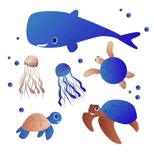 Animales marinos de dibujos animados Linda ballena tortugas y medusas Criaturas de vida silvestre submarina vector