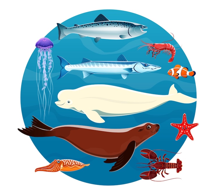 Vector animales marinos de dibujos animados y personajes de peces oceánicos.