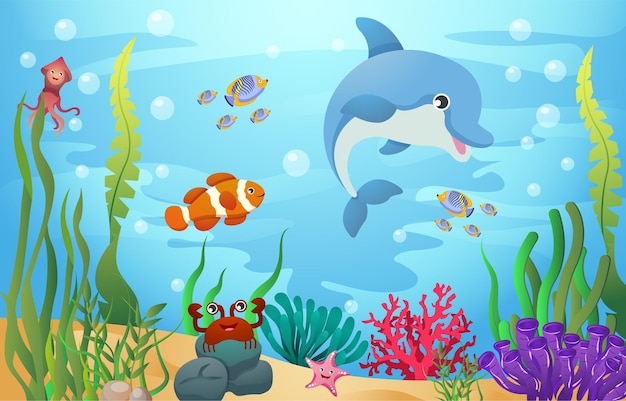 Animales marinos con escena oceánica Estilo de dibujos animados Vector