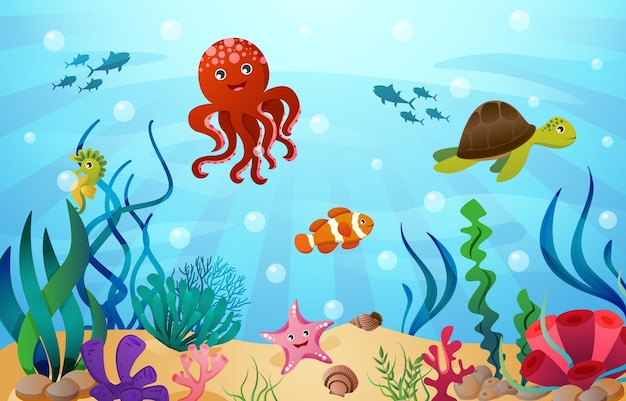 Animales marinos con escenas oceánicas Vector de estilo dibujos animados