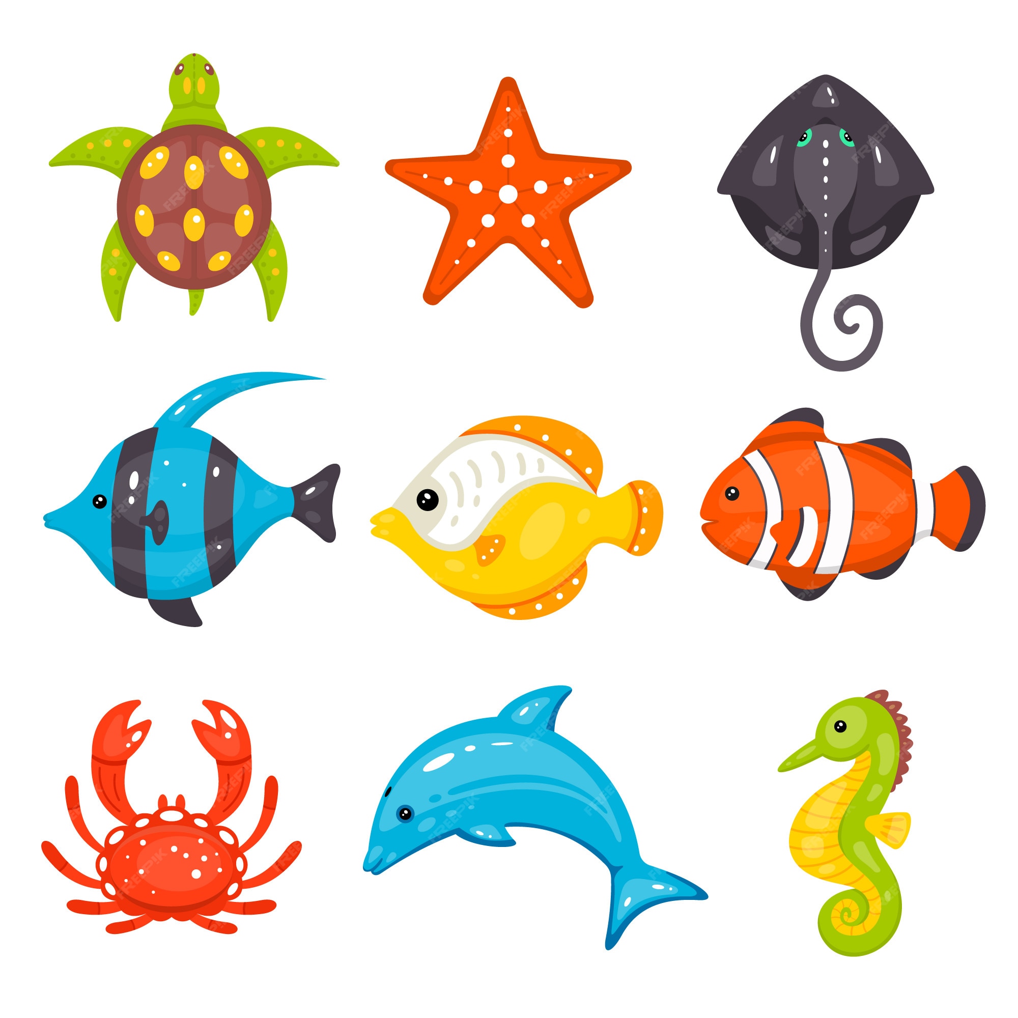 Animales marinos en estilo dibujado a mano de dibujos animados. la vida  marina y las criaturas submarinas contienen tortugas, estrellas de mar,  rayas, peces, cangrejos, delfines, caballitos de mar. | Vector Premium