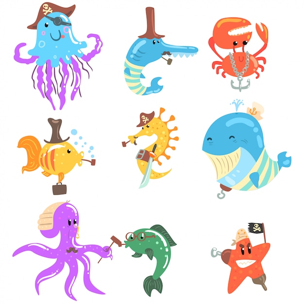 Vector animales marinos y fauna submarina con accesorios y atributos de piratas y marineros conjunto de personajes de dibujos animados cómicos