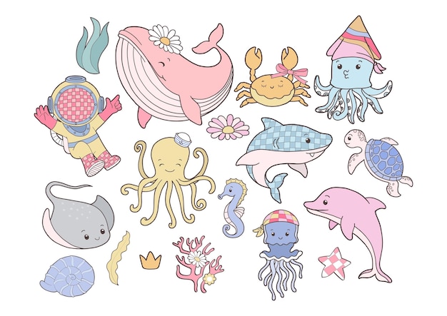 Animales marinos gruesos Vector pulpo calamar ballena rayas caballito de mar medusa delfín tortuga tiburón buzo