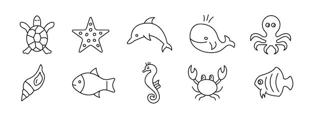Animales marinos y oceánicos Balenas peces tortugas delfines cangrejos plantas marinas Ilustración vectorial