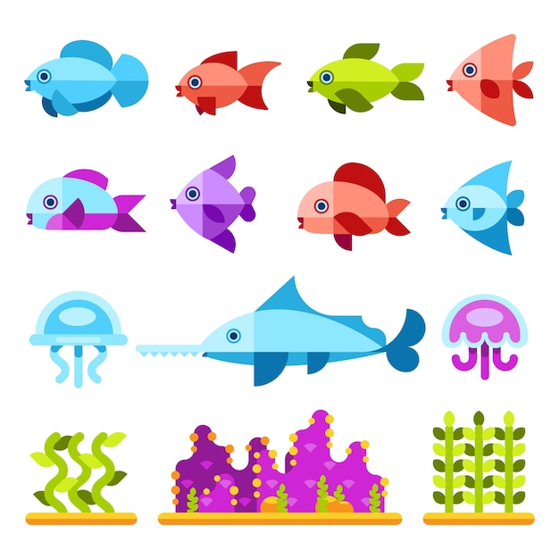 Animales marinos planos vector iconos