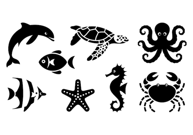 Animales marinos silueta conjunto delfín tortuga pez pulpo caballo de mar cangrejo y estrella de mar vector