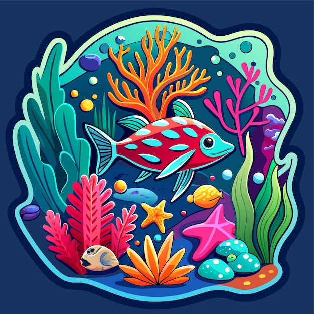Vector animales marinos submarinos plantas marinas y peces adhesivo de personaje de dibujos animados de mascota dibujado a mano