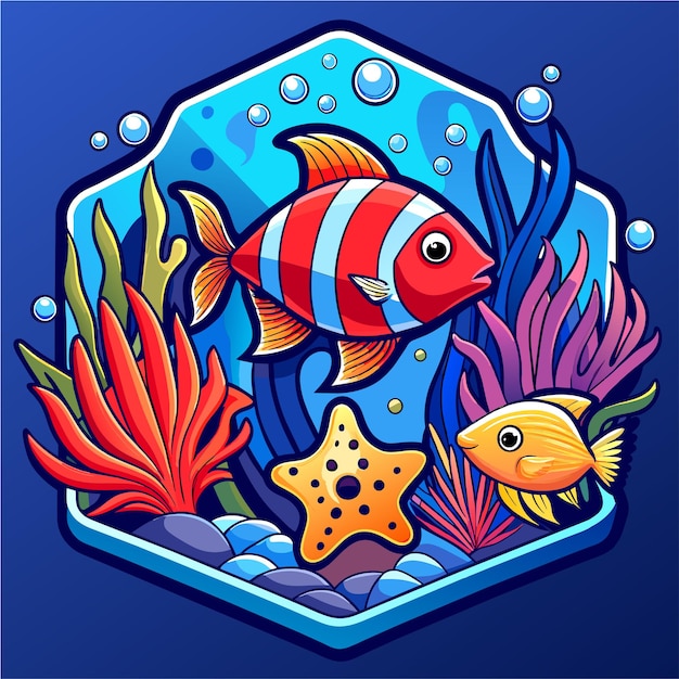 Animales marinos submarinos plantas marinas y peces adhesivo de personaje de dibujos animados de mascota dibujado a mano