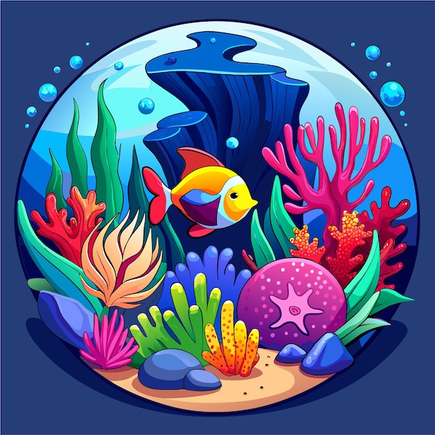 Vector animales marinos submarinos plantas marinas y peces adhesivo de personaje de dibujos animados de mascota dibujado a mano