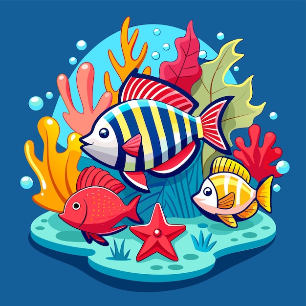 Animales marinos submarinos plantas marinas y peces adhesivo de personaje de dibujos animados de mascota dibujado a mano