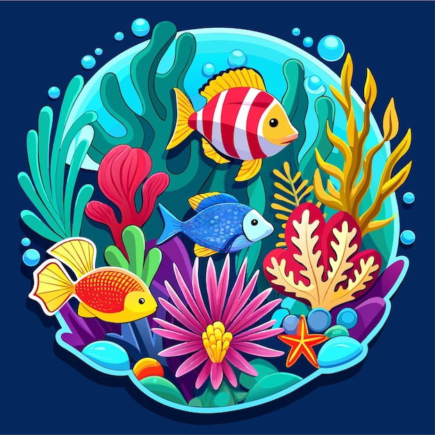 Vector animales marinos submarinos plantas marinas y peces adhesivo de personaje de dibujos animados de mascota dibujado a mano