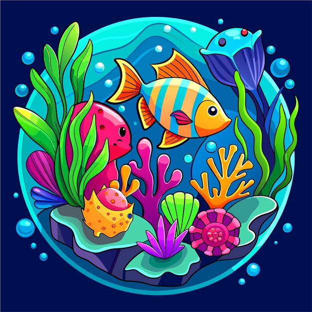 Vector animales marinos submarinos plantas marinas y peces adhesivo de personaje de dibujos animados de mascota dibujado a mano