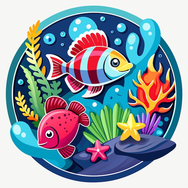 Animales marinos submarinos plantas marinas y peces adhesivo de personaje de dibujos animados de mascota dibujado a mano