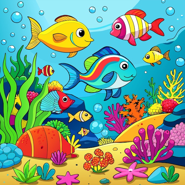 Vector animales marinos submarinos plantas marinas y peces adhesivo de personaje de dibujos animados de mascota dibujado a mano