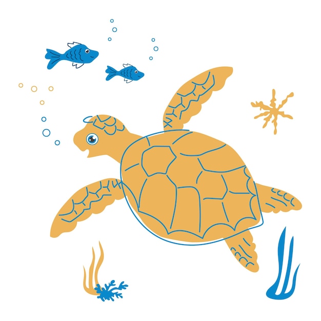 Vector animales marinos tortugas y peces submarino ilustración dibujada a mano aislado sobre fondo blanco